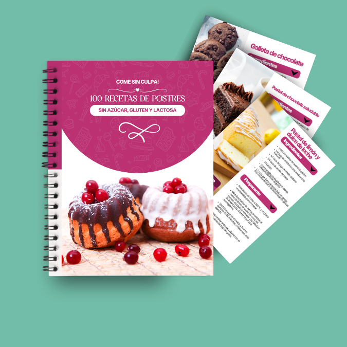 eBook de recetas de postres fit rodeado de flanes, brigadeiros y macarons rosados